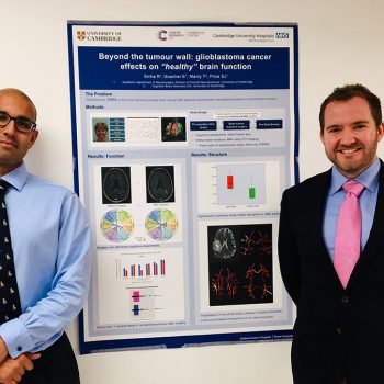 Dr Sinha (left) and Dr Goacher before their winning poster “Beyond the tumour wall: glioblastoma cancer effects on “healthy” brain function”