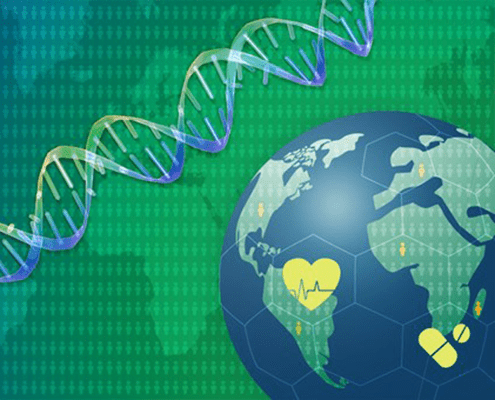 Green and blue poster showing Earth and DNA strand